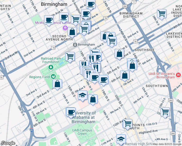 map of restaurants, bars, coffee shops, grocery stores, and more near 1812 4th Avenue South in Birmingham
