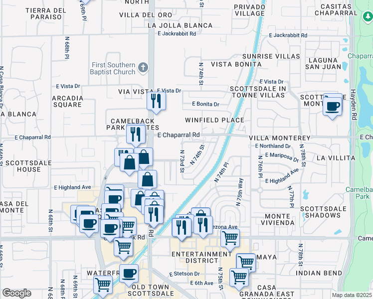 map of restaurants, bars, coffee shops, grocery stores, and more near 7319 East Northland Drive in Scottsdale