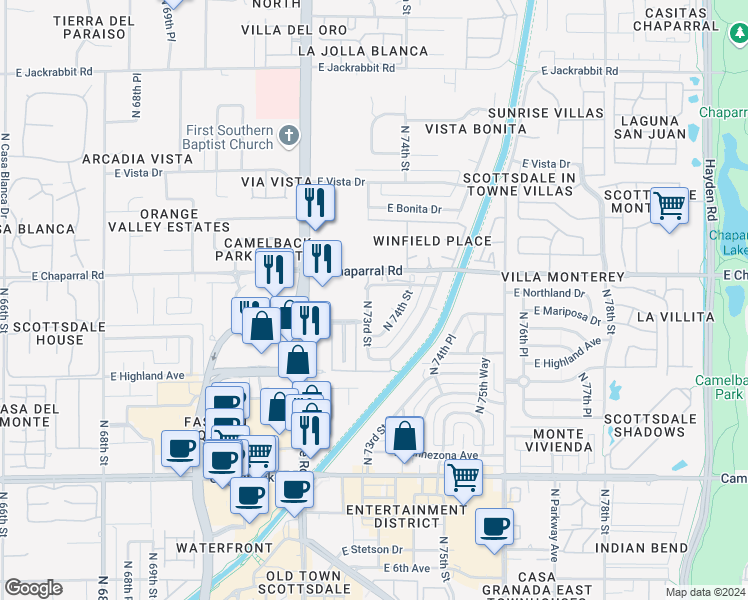map of restaurants, bars, coffee shops, grocery stores, and more near 7319 East Northland Drive in Scottsdale
