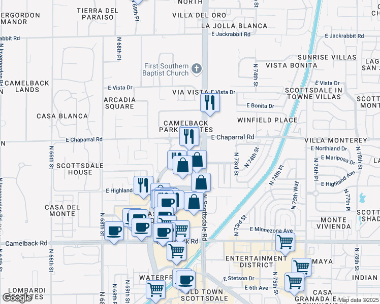 map of restaurants, bars, coffee shops, grocery stores, and more near 4800 North Scottsdale Road in Scottsdale