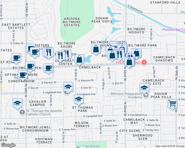 map of restaurants, bars, coffee shops, grocery stores, and more near 2917 East Mariposa Street in Phoenix