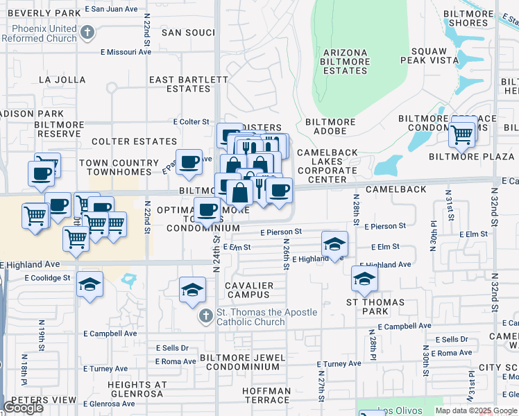 map of restaurants, bars, coffee shops, grocery stores, and more near 2425 East Camelback Road in Phoenix