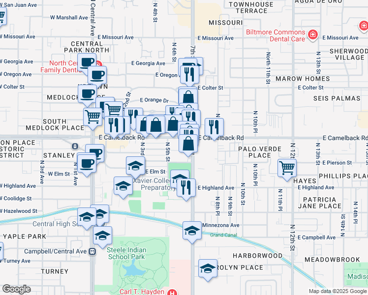 map of restaurants, bars, coffee shops, grocery stores, and more near 512 East Mariposa Street in Phoenix