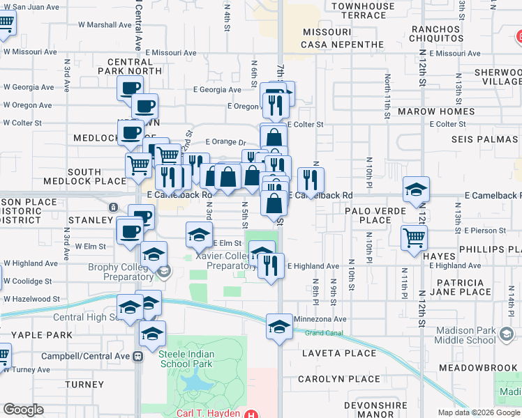 map of restaurants, bars, coffee shops, grocery stores, and more near 512 East Mariposa Street in Phoenix