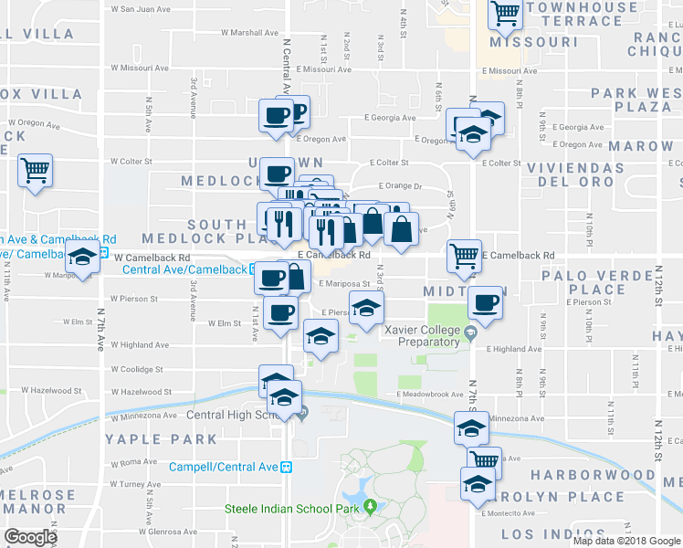 map of restaurants, bars, coffee shops, grocery stores, and more near 120 East Mariposa Street in Phoenix