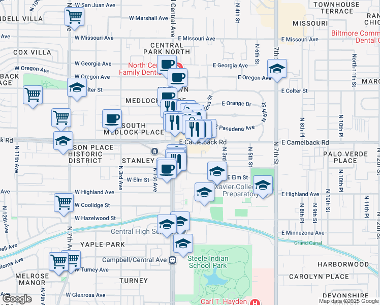 map of restaurants, bars, coffee shops, grocery stores, and more near 38 East Mariposa Street in Phoenix