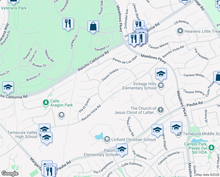 map of restaurants, bars, coffee shops, grocery stores, and more near 31662 Corte Rosario in Temecula