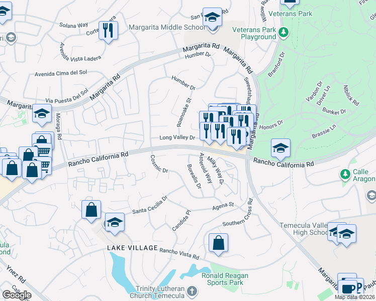 map of restaurants, bars, coffee shops, grocery stores, and more near 30484 Milky Way Drive in Temecula