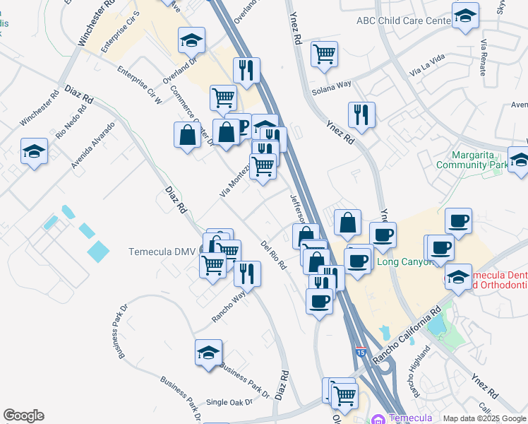 map of restaurants, bars, coffee shops, grocery stores, and more near 28715 Las Haciendas Street in Temecula