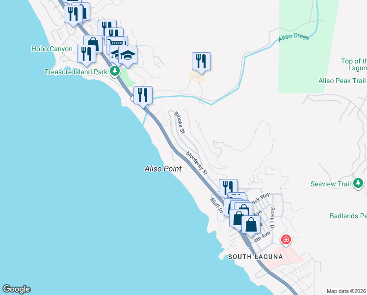 map of restaurants, bars, coffee shops, grocery stores, and more near 31281 Monterey Street in Laguna Beach