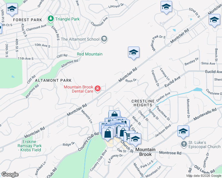 map of restaurants, bars, coffee shops, grocery stores, and more near 138 Mountain Brook Park Drive in Mountain Brook