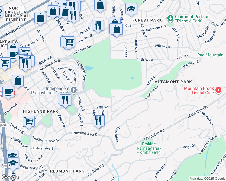 map of restaurants, bars, coffee shops, grocery stores, and more near 3807 12th Court South in Birmingham