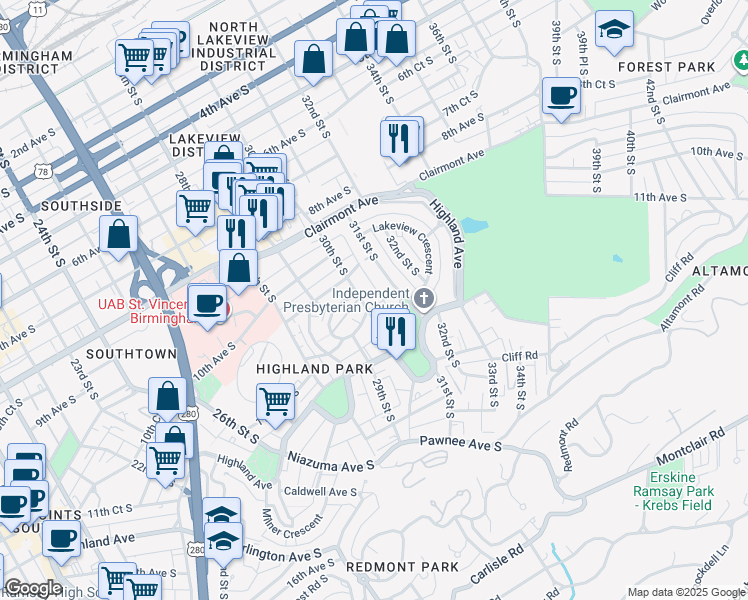 map of restaurants, bars, coffee shops, grocery stores, and more near 2944 Rhodes Circle South in Birmingham
