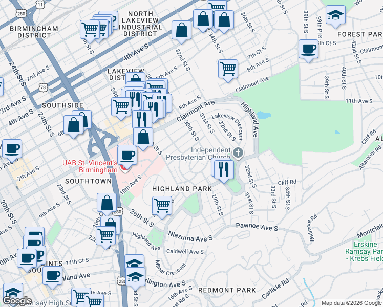 map of restaurants, bars, coffee shops, grocery stores, and more near 2901 10th Court South in Birmingham