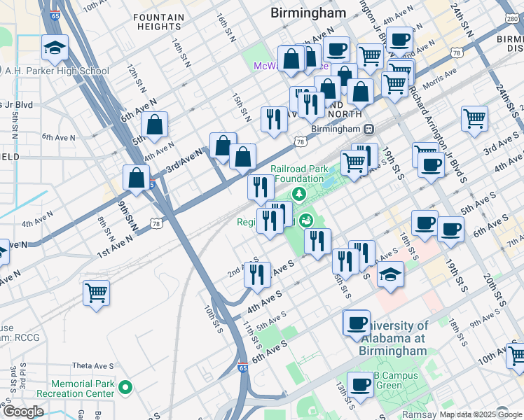 map of restaurants, bars, coffee shops, grocery stores, and more near 22 14th Street South in Birmingham