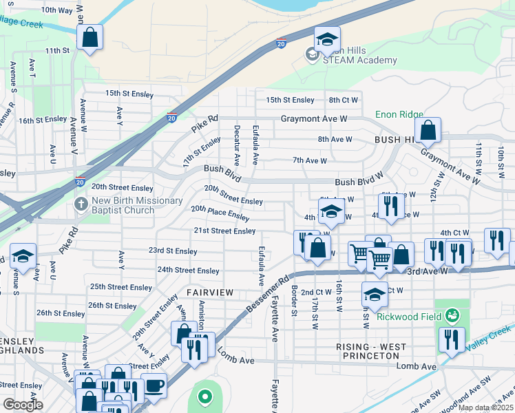 map of restaurants, bars, coffee shops, grocery stores, and more near 2821 20th Street Ensley in Birmingham