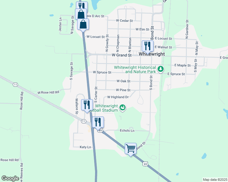 map of restaurants, bars, coffee shops, grocery stores, and more near 405 West Pine Street in Whitewright