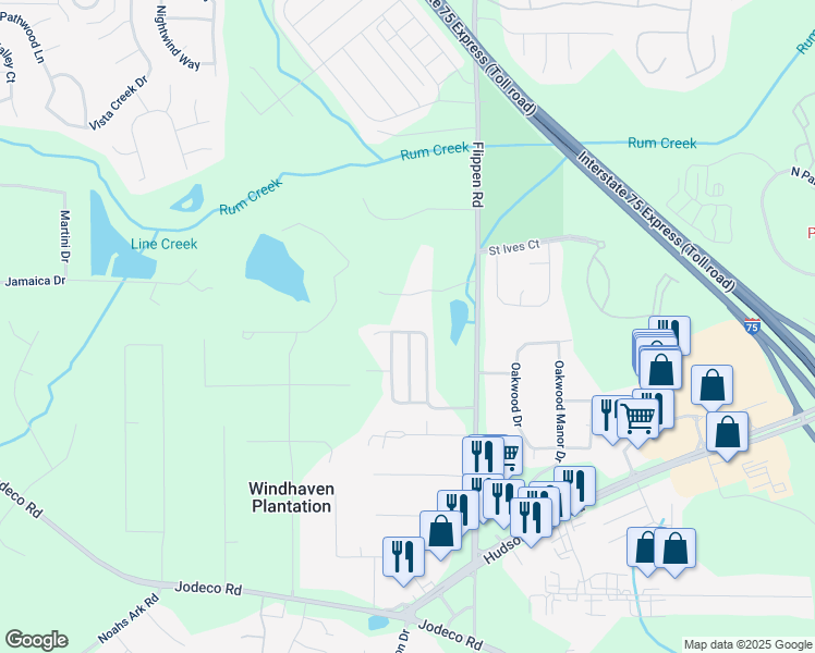 map of restaurants, bars, coffee shops, grocery stores, and more near 158 Watercress Court in Stockbridge
