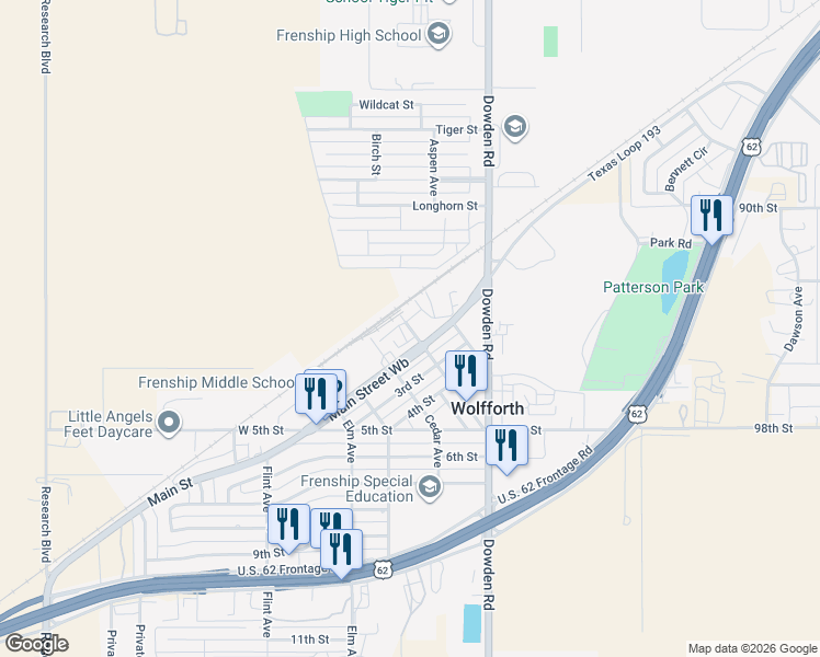 map of restaurants, bars, coffee shops, grocery stores, and more near 102 Steck Avenue in Wolfforth