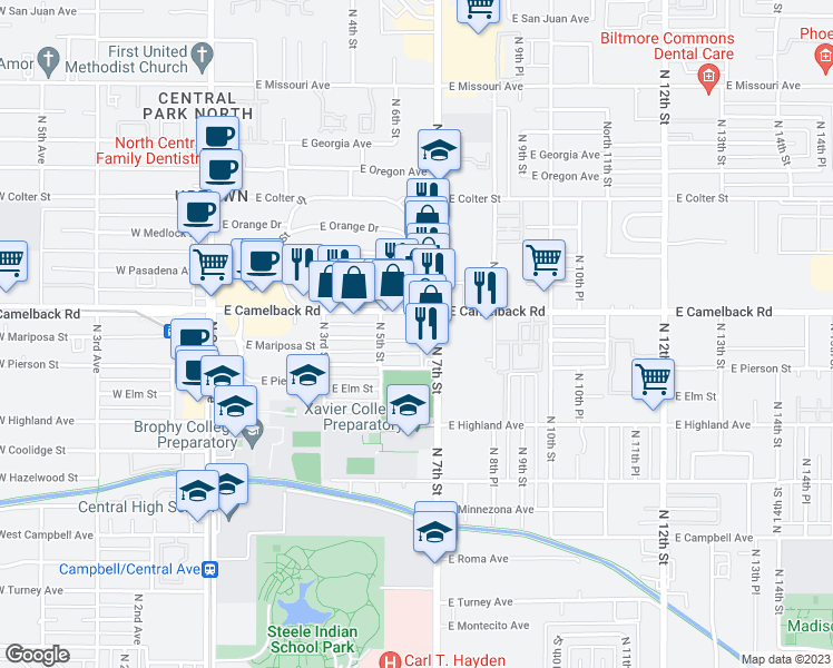map of restaurants, bars, coffee shops, grocery stores, and more near 530 East Mariposa Street in Phoenix