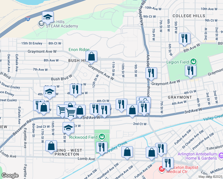 map of restaurants, bars, coffee shops, grocery stores, and more near 1030 4th Terrace West in Birmingham