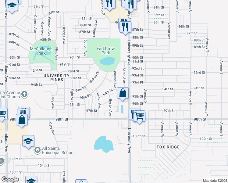map of restaurants, bars, coffee shops, grocery stores, and more near 2703 94th Street in Lubbock
