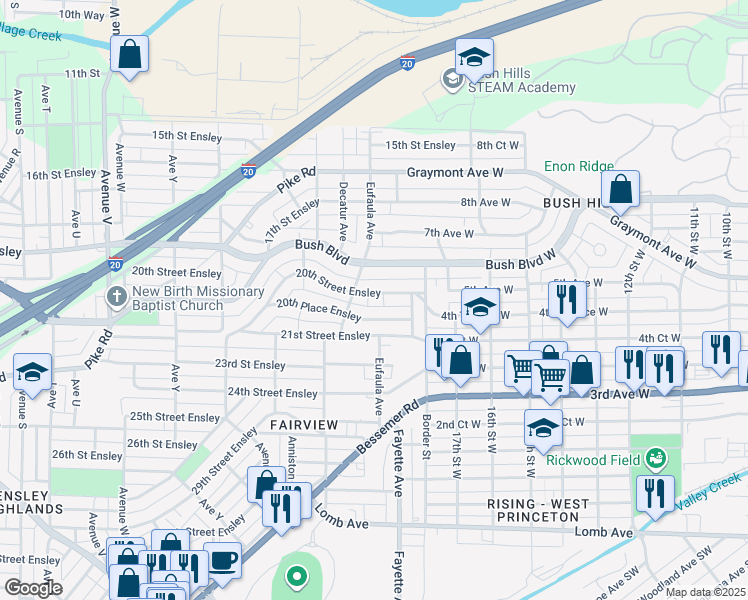 map of restaurants, bars, coffee shops, grocery stores, and more near 2821 20th Street Ensley in Birmingham