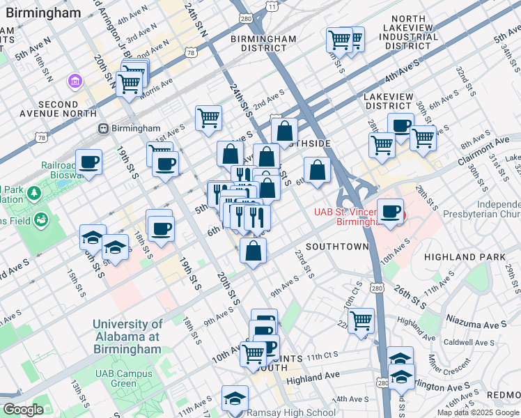 map of restaurants, bars, coffee shops, grocery stores, and more near 2208 6th Avenue South in Birmingham