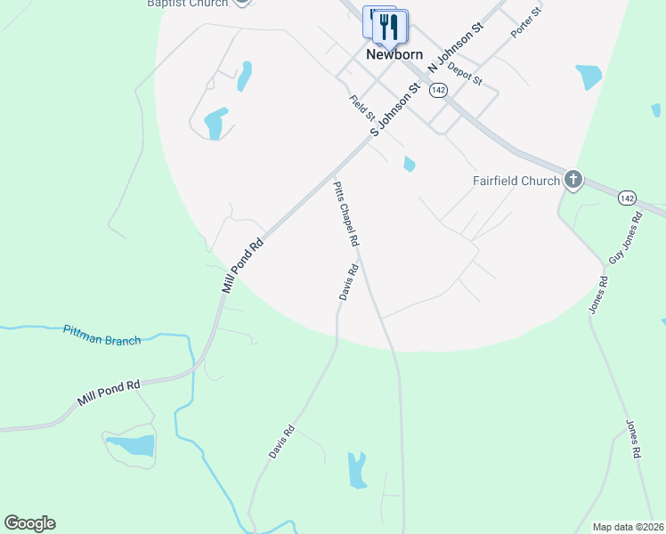 map of restaurants, bars, coffee shops, grocery stores, and more near 100 Davis Road in Newborn