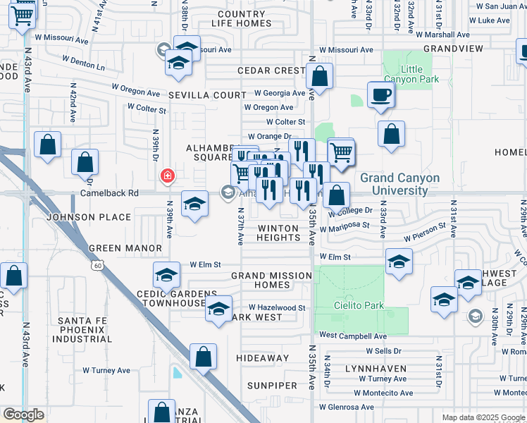 map of restaurants, bars, coffee shops, grocery stores, and more near 3625 West Camelback Road in Phoenix