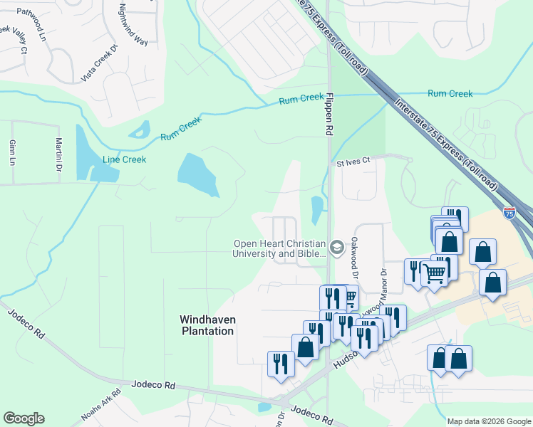 map of restaurants, bars, coffee shops, grocery stores, and more near 176 Watercress Court in Stockbridge