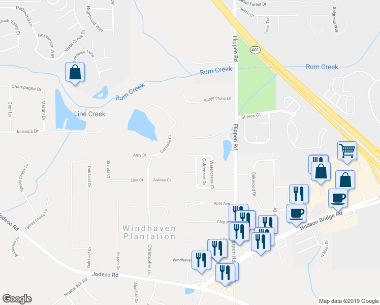 map of restaurants, bars, coffee shops, grocery stores, and more near 176 Watercress Court in Stockbridge
