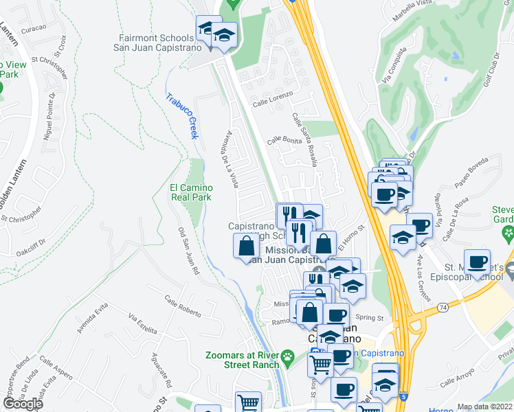 map of restaurants, bars, coffee shops, grocery stores, and more near 31273 Calle San Juan in San Juan Capistrano