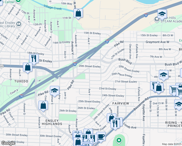 map of restaurants, bars, coffee shops, grocery stores, and more near 2514 20th Place in Birmingham