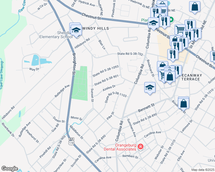 map of restaurants, bars, coffee shops, grocery stores, and more near 555 Azalea Drive in Orangeburg