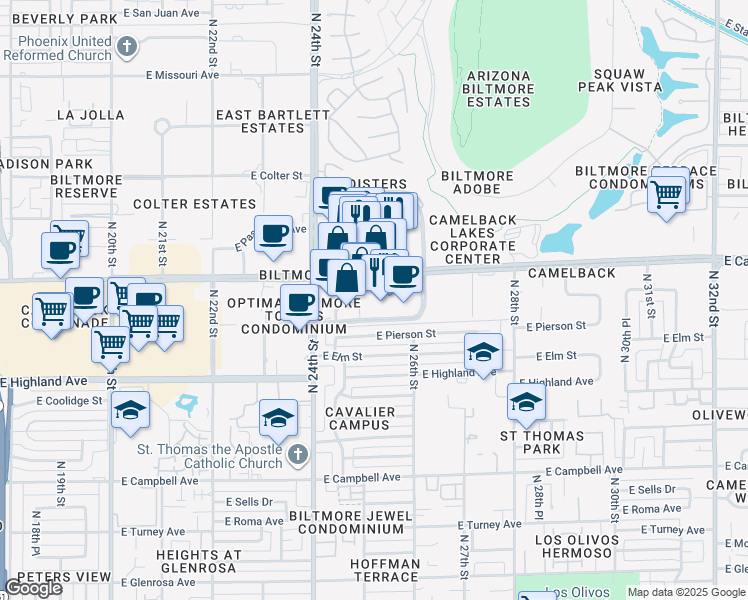 map of restaurants, bars, coffee shops, grocery stores, and more near 2525 East Camelback Road in Phoenix