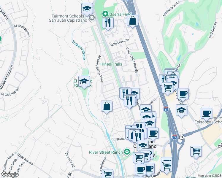 map of restaurants, bars, coffee shops, grocery stores, and more near 26486 Calle San Luis in San Juan Capistrano