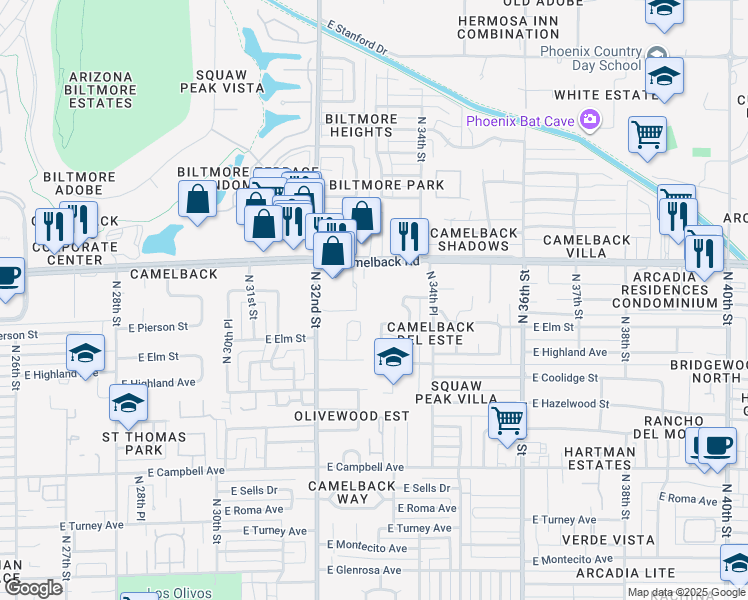 map of restaurants, bars, coffee shops, grocery stores, and more near 3235 East Camelback Road in Phoenix