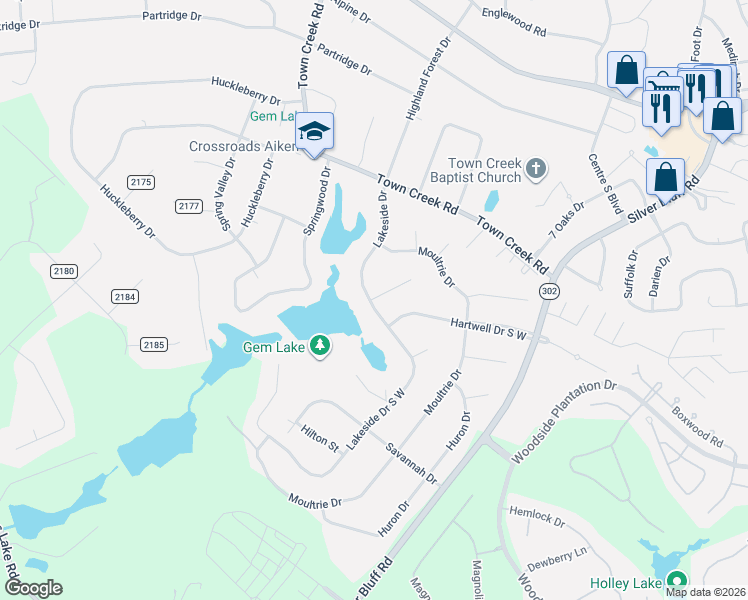 map of restaurants, bars, coffee shops, grocery stores, and more near 200 Lakeside Drive South West in Aiken