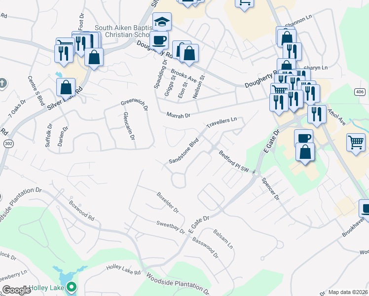 map of restaurants, bars, coffee shops, grocery stores, and more near 132 Sandstone Blvd in Aiken