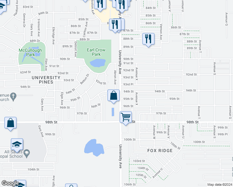 map of restaurants, bars, coffee shops, grocery stores, and more near 2503 94th Street in Lubbock