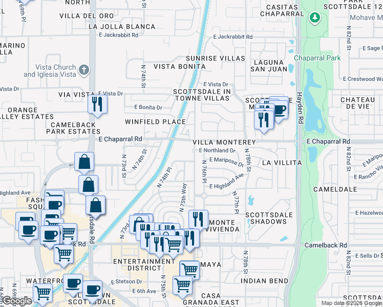 map of restaurants, bars, coffee shops, grocery stores, and more near 4950 North Miller Road in Scottsdale