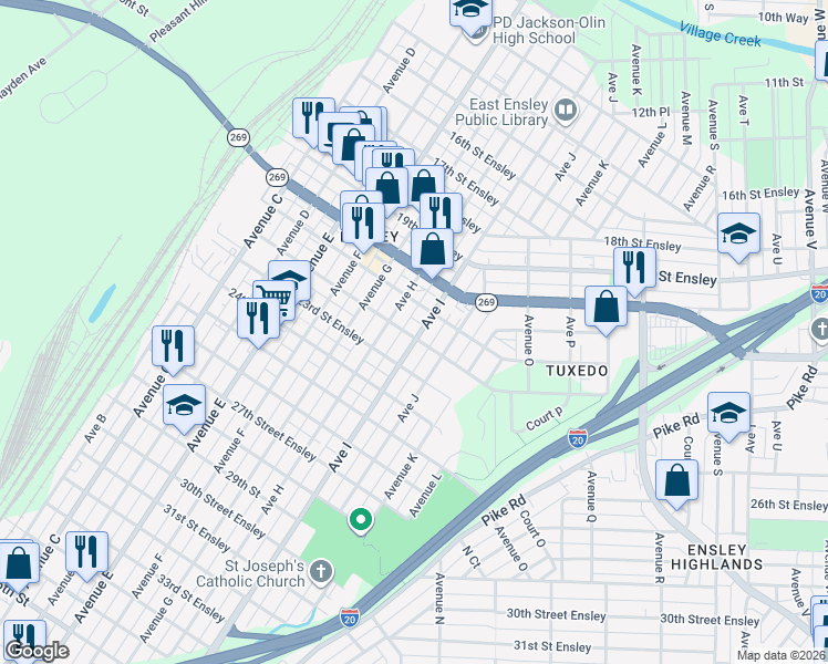 map of restaurants, bars, coffee shops, grocery stores, and more near 2122 Avenue I in Birmingham