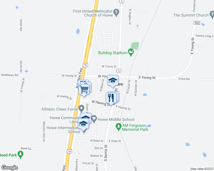 map of restaurants, bars, coffee shops, grocery stores, and more near 306 North College Street in Howe