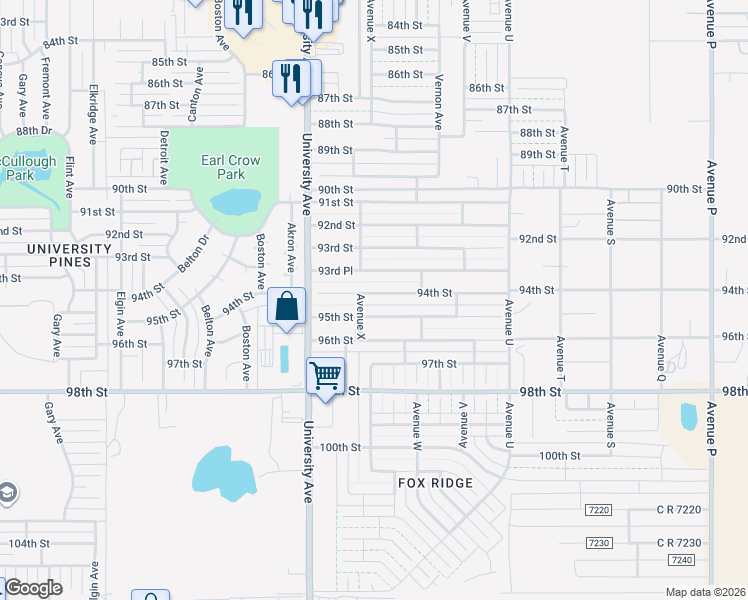 map of restaurants, bars, coffee shops, grocery stores, and more near 2321 94th Street in Lubbock