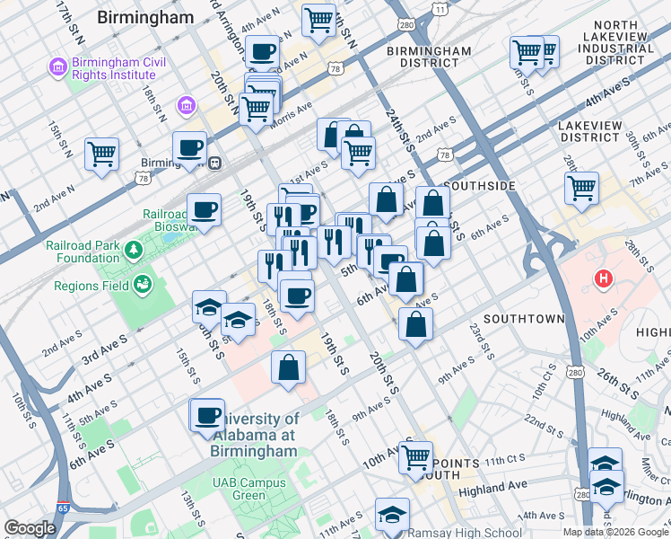 map of restaurants, bars, coffee shops, grocery stores, and more near in Birmingham
