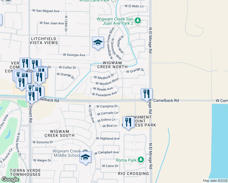 map of restaurants, bars, coffee shops, grocery stores, and more near 12524 West Pasadena Avenue in Litchfield Park