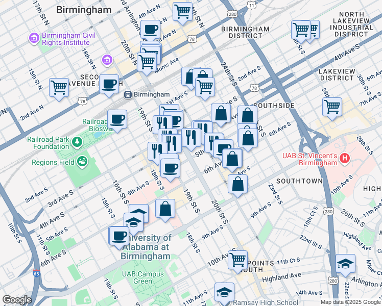 map of restaurants, bars, coffee shops, grocery stores, and more near in Birmingham