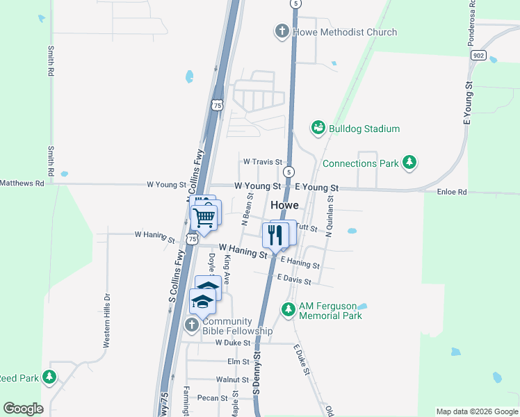 map of restaurants, bars, coffee shops, grocery stores, and more near 306 North College Street in Howe