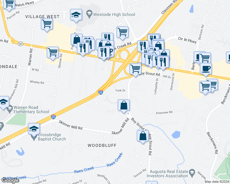map of restaurants, bars, coffee shops, grocery stores, and more near 2638 York Drive in Augusta
